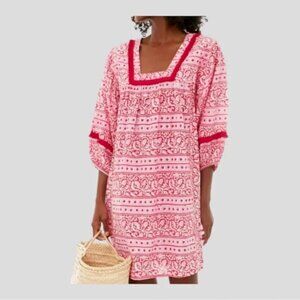 Tuckernuck Heat Wave Catalans Dress Size XS Pink Red Puff Sleeve Fringe Cover Up